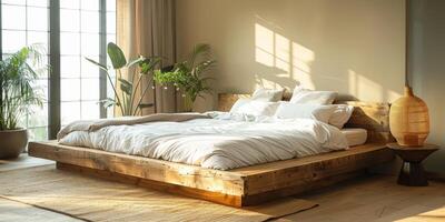 ai generato luminosa e accogliente moderno Camera da letto con di legno grande letto. levigante mattina leggero con moderno decorazione. 3d rendere foto