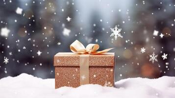 ai generato Natale vacanza regalo e regalo, regalo scatola nel il neve nel nevicata inverno campagna natura per boxe giorno, vacanze shopping vendita foto