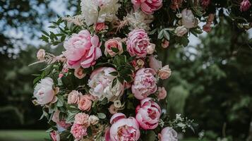 ai generato nozze decorazione con peonie, floreale arredamento e evento celebrazione, peonia fiori e nozze cerimonia nel il giardino, inglese nazione stile foto