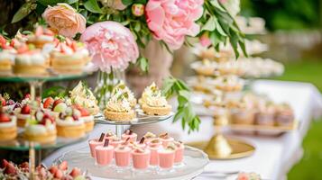 ai generato nozze decorazione con peonie, floreale arredamento e evento celebrazione, peonia fiori e nozze cerimonia nel il giardino, inglese nazione stile foto