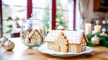 ai generato Natale Pan di zenzero Casa, vacanza ricetta e casa cottura al forno, dolce dolce per accogliente inverno inglese nazione tè nel il villetta, fatti in casa cibo e cucinando foto