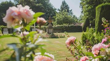 ai generato nozze decorazione con peonie, floreale arredamento e evento celebrazione, peonia fiori e nozze cerimonia nel il giardino, inglese nazione stile foto