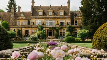 ai generato nozze decorazione con peonie, floreale arredamento e evento celebrazione, peonia fiori e nozze cerimonia nel il giardino, inglese nazione stile foto