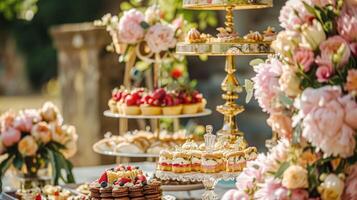 ai generato nozze decorazione con peonie, floreale arredamento e evento celebrazione, peonia fiori e nozze cerimonia nel il giardino, inglese nazione stile foto