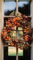 ai generato autunno ghirlanda decorazione, autunno vacanza stagione nel il inglese campagna stile, botanico autunnale arredamento foto