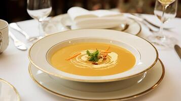 ai generato zucca o butternut schiacciare crema la minestra nel un' ristorante, inglese campagna squisito cucina menù, culinario arte cibo e bene cenare foto