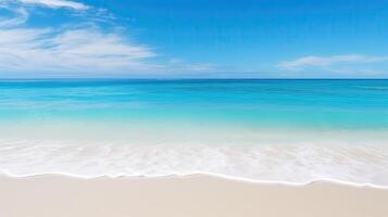 ai generato sabbioso spiaggia con blu cielo e oceano foto