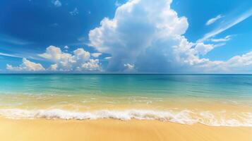 ai generato sabbioso spiaggia con blu cielo e bianca nuvole foto