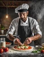 ai generato capocuoco aggiungendo ingredienti per rustico Pizza guardare a telecamera nel un' cucina. foto