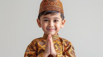 ai generato carino musulmano ragazzo saluto Ramadhan su bianca sfondo foto