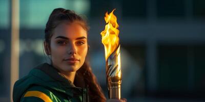 ai generato giovane atleta con olimpico torcia a crepuscolo foto