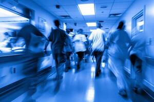 ai generato occupato assistenza sanitaria lavoratori nel movimento ospedale urgenza sfondo con testo spazio foto