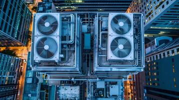 ai generato crepuscolo HVAC tetto Overlook con paesaggio urbano foto