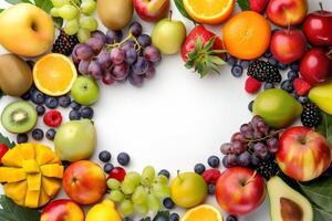 ai generato vivace assortimento di fresco frutta su un' bianca sfondo, inquadratura copia spazio, ideale per salutare mangiare o nutritivo concetti foto
