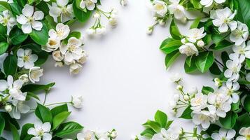 ai generato elegante telaio di bianca primavera fiori su un' luminosa sfondo, ideale per nozze inviti o di stagione concetti foto