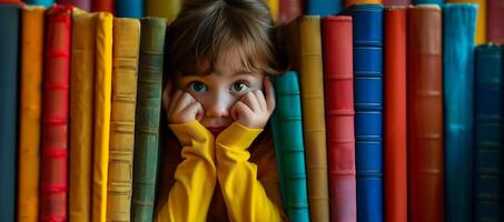 ai generato caucasico bambino con largo occhi sbirciando attraverso colorato libreria, educativo concetto con un' senso di Meraviglia nel un' biblioteca ambientazione foto
