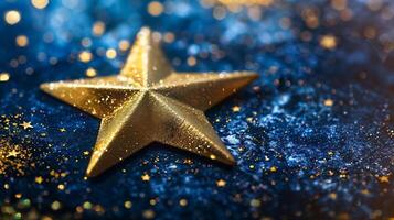 ai generato d'oro stella con luccichio su un' blu bokeh sfondo, un' concetto per celebrazioni e festivo vacanze piace Natale o nuovo anni vigilia foto