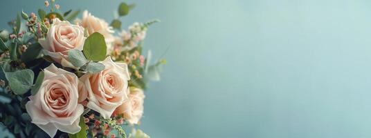ai generato elegante pastello rosa Rose con eucalipto le foglie impostato contro un' morbido blu sfondo, ideale per nozze inviti o madri giorno saluto carta disegni foto