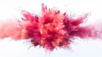 ai generato vivace rosa e rosso polvere esplosione su bianca sfondo, astratto colore nube, creativo concetto per festival o colore corre foto