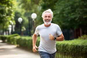 ai generato attivo anziano uomo jogging nel parco con un' grande Sorridi foto