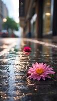 ai generato fiore di il bagnato strada, piovoso mattina, freddo movimento foto