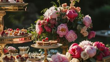 ai generato nozze decorazione con peonie, floreale arredamento e evento celebrazione, peonia fiori e nozze cerimonia nel il giardino, inglese nazione stile foto