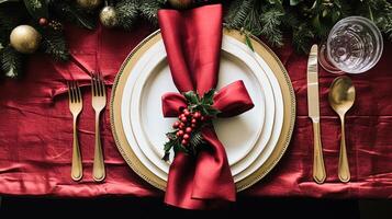 ai generato Natale tavolo arredamento, vacanza tablescape e cena tavolo ambientazione, formale evento decorazione per nuovo anno, famiglia celebrazione, inglese nazione e casa messa in piega foto