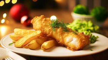 ai generato pesce e patatine fritte per inverno vacanza cena, tradizionale Britannico cucina ricetta nel inglese nazione casa, vacanze celebrazione e fatti in casa cibo foto