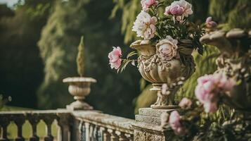 ai generato nozze decorazione con peonie, floreale arredamento e evento celebrazione, peonia fiori e nozze cerimonia nel il giardino, inglese nazione stile foto