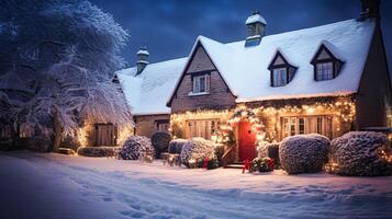 ai generato Natale nel il campagna, Villetta e giardino decorato per vacanze su un' nevoso inverno sera con neve e vacanza luci, inglese nazione messa in piega foto