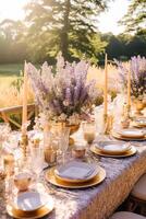 ai generato nozze tavolozza, elegante formale cena tavolo ambientazione, tavolo fuga con lavanda decorazione per vacanza festa evento celebrazione, generativo ai foto