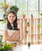 ritratto giardino azienda agricola donna giovane asiatico ragazza uno persona bellissimo Sorridi godere contento In piedi mano Tenere e guardare piccolo verde albero pentola piantare laboratorio camera Casa e rilassare estate giorno per lavoro passatempo foto