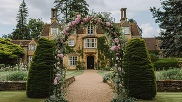 ai generato nozze decorazione con peonie, floreale arredamento e evento celebrazione, peonia fiori e nozze cerimonia nel il giardino, inglese nazione stile foto