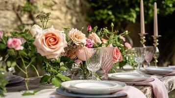 ai generato giardino festa tavolozza, eleganza con floreale tavolo arredamento foto