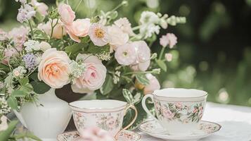 ai generato delizioso pomeriggio tè con torte e pasticcini foto