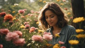 ai generato donna in mezzo vivace fiore campo foto