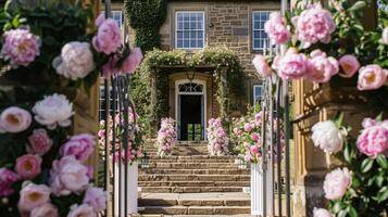 ai generato nozze decorazione con peonie, floreale arredamento e evento celebrazione, peonia fiori e nozze cerimonia nel il giardino, inglese nazione stile foto