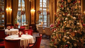 ai generato Natale vacanze e nuovo anno celebrazione, cena tavolo a un' lusso inglese styled ristorante o Hotel interno, Natale albero decorazione, vacanza festa e evento invito foto