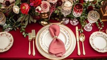 ai generato san valentino giorno tablescape e tavolo arredamento, romantico tavolo ambientazione con fiori, formale cena e Data, bellissimo posate e vasellame foto