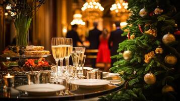 ai generato Natale vacanze e nuovo anno celebrazione, cena tavolo e ospiti a un' lusso inglese styled ristorante o Hotel, Natale albero decorazione, vacanza festa e evento invito foto