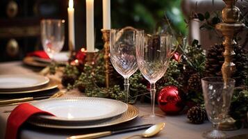 ai generato Natale tavolo arredamento, vacanza tablescape e cena tavolo ambientazione, formale evento decorazione per nuovo anno, famiglia celebrazione, inglese nazione e casa messa in piega foto