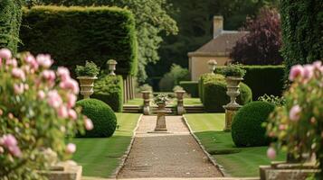 ai generato nozze decorazione con peonie, floreale arredamento e evento celebrazione, peonia fiori e nozze cerimonia nel il giardino, inglese nazione stile foto