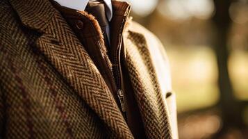 ai generato abbigliamento maschile autunno inverno capi di abbigliamento e tweed accessorio collezione nel il inglese campagna, uomo moda stile, classico signore Guarda foto