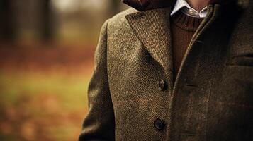 ai generato abbigliamento maschile autunno inverno capi di abbigliamento e tweed accessorio collezione nel il inglese campagna, uomo moda stile, classico signore Guarda foto