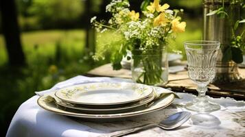 ai generato tavolo arredamento, vacanza tablescape e cena tavolo ambientazione nel campagna giardino, formale evento decorazione per nozze, famiglia celebrazione, inglese nazione e casa messa in piega foto