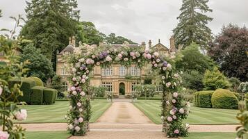 ai generato nozze decorazione con peonie, floreale arredamento e evento celebrazione, peonia fiori e nozze cerimonia nel il giardino, inglese nazione stile foto