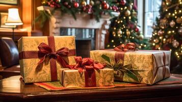 ai generato Natale i regali, contento vacanze e vacanza celebrazione, avvolto regalo scatole, regali e decorato Natale albero, generativo ai foto