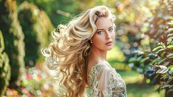 ai generato donna con bellissimo lungo salutare capelli nel estate giardino, naturale trucco e bionda acconciatura, bridal bellezza stile, nozze moda campagna e fascino Guarda foto