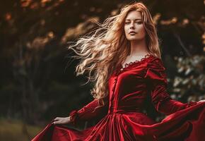 ai generato donna nel rosso velluto vestire, autunnale Guarda nel autunno foresta, bridal bellezza stile, nozze moda campagna e fascino acconciatura foto