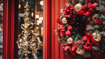 ai generato Natale decorazione dettagli su inglese styled lusso alto strada città memorizzare porta o shopping finestra Schermo, vacanza vendita e negozio arredamento foto